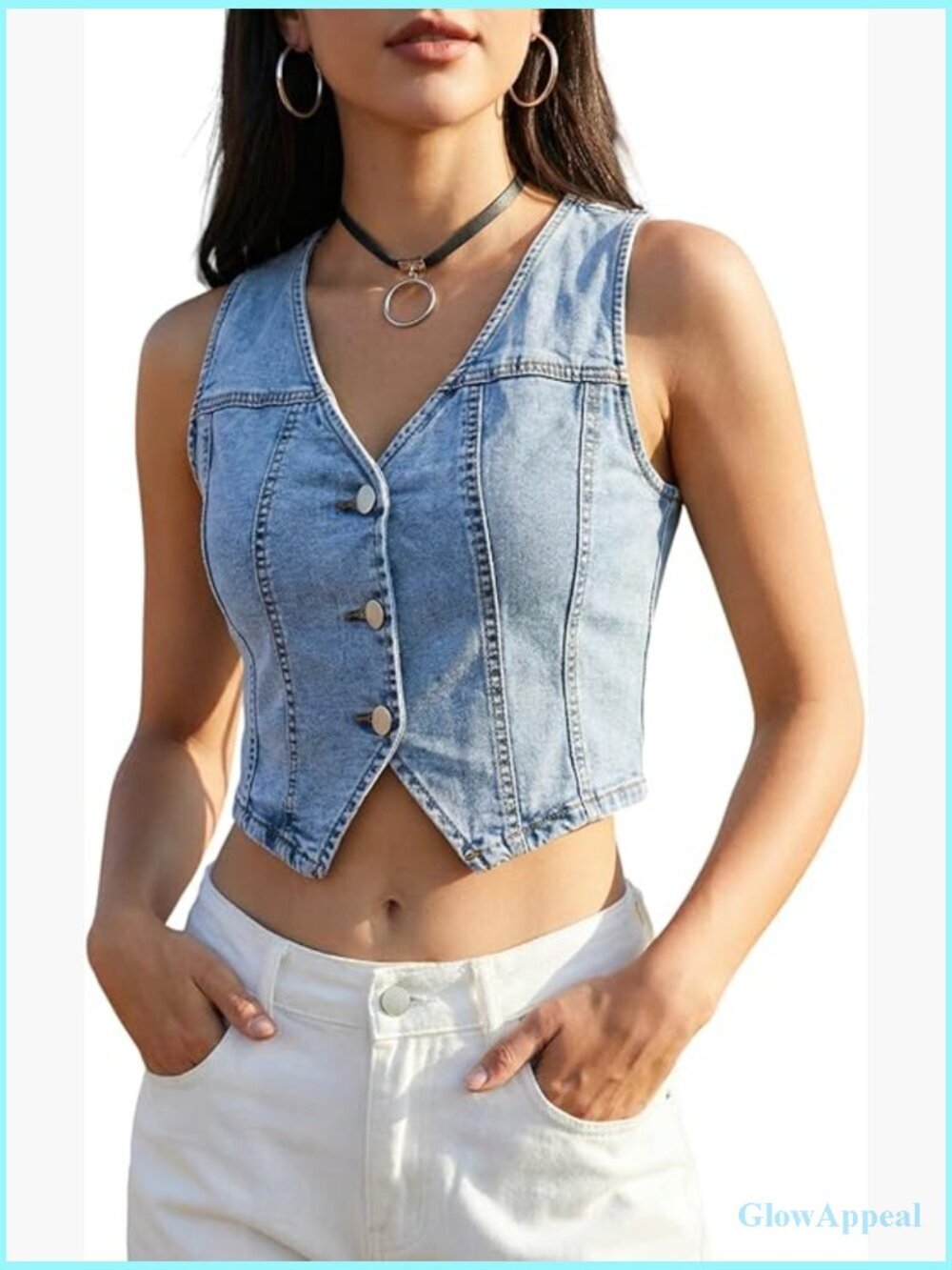 Womens Denim Vest Top Cropped Sleeveless V Neck Button Down Jean Vest